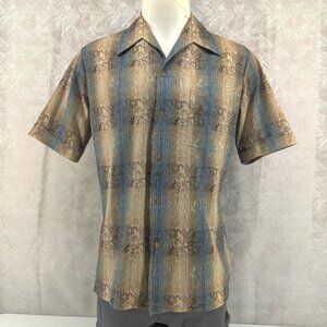 Vintage Joel Shirt Mens Large Blue Beige Poly Short Sleeve Button Up 70s